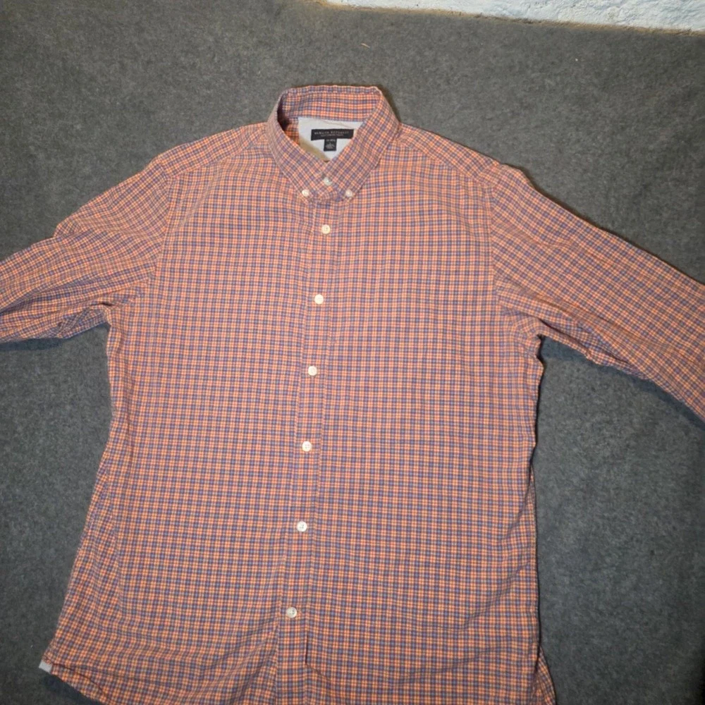 Banana Republic Men's L Orange Blue Plaid Long Sleeve Cotton Button-Down Shirt